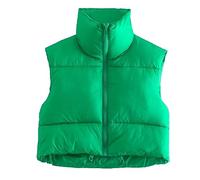 Gilet court d'hiver pour femme, col montant, sans manches, ourlet avec cordon réglable, fermeture éclair, vêtement chaud pour usage quotidien, vert, XS