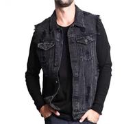 Gilet court en jean sans manches pour homme - Décontracté - Vintage - Boutonné - Coupe ajustée - Blazer, Noir, 3XL