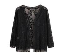 Gilet Court Femme,Boléro pour Femme, Léger, Manches 3/4, Ouvert sur Le Devant, en Dentelle Au Crochet, Veste De Soirée D'Été, Manteau Court Décontracté pour Robe, Caraco, Noir, XS