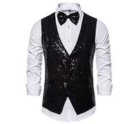 Gilet de Costume Homme Gilet à Paillettes pour Hommes Sequin Veste à Paillette Gilets sans Manche Gilet de Fête de Carnaval Tenue De Soiree Ensemble Gilet + Cravate (Chemise Non Incluse)