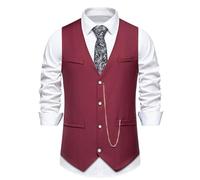 Gilet de costume classique à col en V pour homme avec fermeture à bouton, chaîne de poche décorative, doublure lisse, coutures soignées, tissu de qualité supérieure, look gentleman élégant, Rouge, 100