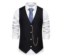 Gilet de costume classique à col en V pour homme avec fermeture à bouton, chaîne de poche décorative, doublure lisse, coutures soignées, tissu de qualité supérieure, look gentleman élégant, Noir , 80