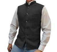 Gilet De Costume en Tweed à Chevrons pour Hommes Gilet Habillé Slim Fit à Col Montant Gilet d'affaires, De Mariage, De Bal De Fin D'AnnéE (Le Noir,L)