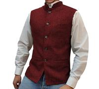 Gilet De Costume en Tweed à Chevrons pour Hommes Gilet Habillé Slim Fit à Col Montant Gilet d'affaires, De Mariage, De Bal De Fin D'AnnéE (Vin Rouge,5XL)