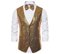 Gilet de Costume Homme Gilet à Paillettes pour Hommes Sequin Veste à Paillette Gilets sans Manche Gilet de Fête de Carnaval Tenue De Soiree Ensemble Gilet + Cravate (Chemise Non Incluse)
