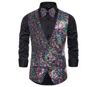 Gilet de costume pour homme - Veste à paillettes - Sans manches - Blazer - Nœud papillon - Col en V - Veste brillante pour homme - Costume de carnaval - Costume pour mariage et fête, O Multicolore, S
