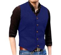 Gilet de costume vintage en tweed pour homme - Gilet décontracté en laine à col en V, idéal pour les mariages, les garçons d'honneur et les occasions formelles, bleu, L