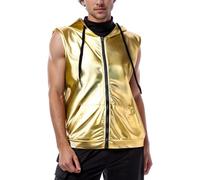 Gilet de course à paillettes pour homme - Gilet de loisirs - Costume des années 90 - Tenue de discothèque - Carnaval - Gilet à capuche brillant métallisé, or, XL