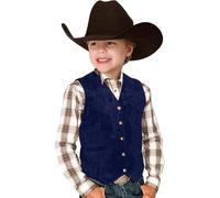 Gilet de cowboy rétro pour garçon avec col en V et boutonnière pour un style occidental décontracté comme manteau cintré, idéal pour les festivals et les aventures, bleu foncé, 11-12 ans