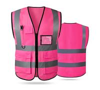 Gilet de sécurité haute visibilité réfléchissant pour homme et femme avec poches à fermeture éclair sur le devant, conforme aux normes ANSI/ISEA, Tissu rose, L