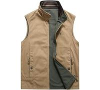 Gilet De Voyage Léger sans Manches en Coton avec Poche Intérieure, Gilet De Pêche en Plein Air à Fermeture éclair, Gilet De Travail Vert Armée Décontracté, Khaki, M