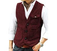 Gilet décontracté en laine douce Tweed pour homme - Motif chevrons - Pour Groomsman Best Man - Rouge - Taille XL