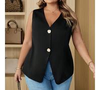 Gilet décontracté minimaliste chic à boucle en métal pour femmes de grande taille, bouton doré abricot, pour les trajets quotidiens, le travail, la saison scolaire, le Nouvel An. Hauts noirs grande ta
