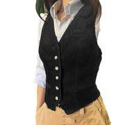 Gilet d'été en velours côtelé à col en V sans manches pour femme Coupe ajustée, Noir , XL