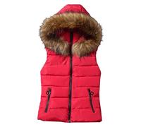 Gilet d'hiver chaud matelassé sans manches pour femme avec capuche en fourrure Faxu, Rouge, L