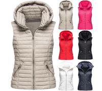 Gilet d'hiver pour femme avec capuche - Veste rembourrée légère sans manches de couleur unie légère gilet thermique confortable à fermeture éclair intégrale avec poches zippées, rose vif, XXL