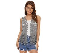 Gilet en crochet floral pour femmes, avec dentelle bohème, sans manches, à coupe ouverte, style cardigan, gris, taille unique