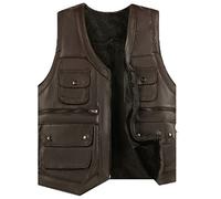 Gilet en Cuir de Fourrure en Peau de Mouton pour Hommes Gilet d'hiver Thermique à col en V pour Homme Brown 6 Pockets 5XL