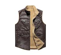 Gilet en cuir pour homme - Col montant - Sans manches - Vintage - Veste traditionnelle - Automne et hiver - Gilet de moto en cuir polaire chaud - Veste d'extérieur - Multipoches - Veste de voyage