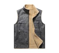 Gilet en cuir PU en peluche Gilet chaud d'extérieur avec plusieurs poches Veste imperméable sans manches Trench Homme Marron Vintage Médiéval, gris, XXL