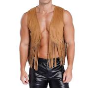Gilet en daim à franges pour homme - Sans manches - Manteau de cowboy - Tenue festival - Décoration à rivets - Gilet de loisirs indien cosplay pour Carnaval festival, discothèque - Rétro boho hippie