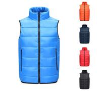 Gilet en duvet pour homme - Bleu - Gilet matelassé en coton - Avec poche - Gilet de course sans capuche - Gilet d'extérieur chaud - Gilet de transition - Fermeture éclair - Col montant - Gilet d'hiver