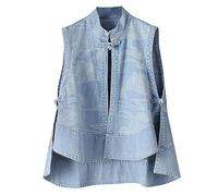 Gilet En Jean Délavé Boutonné Pour Femme - Le Style Chinois Est Haut Devant Et Bas Dans Le Dos Veste Gilet, Col Rond Sans Manches En Jacquard Nuage Boutonné Fente Latérale Gilet En Jean,Bleu,X