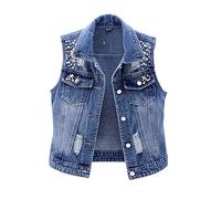 Gilet En Jean Pour Femme - Gilet En Jean Grande Taille Pour Femme - Perles De Luxe - Débardeur Déchiré - Toutes Les Saisons - Veste En Jean Sans Manches - Manteau Court - Cardigan - Gilet Décontr
