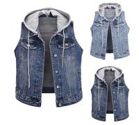 Gilet en jean pour femme sans manches - Grandes tailles - Veste en jean chaude - Gilet thermique sportif - Gilet de course à capuche - Gilet court pour femme - Gilet de randonnée thermique coupe-vent