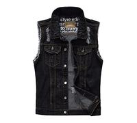 Gilet en jean sans manches à revers pour homme, coupe ajustée, style rétro, déchiré, décontracté, pour homme, t-shirt fin, Noir , 3XL