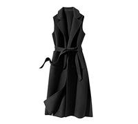 Gilet en laine pour femme - Longue sans manches - Veste d'hiver - Noir - XL - Gilet polaire en laine - Trench - Sans manches - Avec ceinture - Manteau en laine cintré - Veste de transition - Élégant -