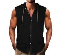 Gilet en Lin pour Homme sans Manches à Capuche sans Manche Gilet Col V Boutonné Sport Léger Souple Extensible Tee Shirt pour Gym Running et Fitness avec Cardon (Black, XXXL)