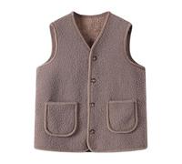 Gilet en polaire pour femme - Sans manches - Court - Col en V - Avec poches et boutons - Couleur unie - Décontracté - Automne Hiver - Chaud - Veste d'hiver en peluche - Veste demi-saison, F01 Café