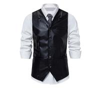 Gilet en similicuir noir pour homme, coupe ajustée, boutonné, avec revers cranté, sans manches, aspect cuir, gilet classique formel avec poche, Noir , L