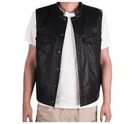 Gilet en similicuir pour hommes, veste sans manches boutonnée décontractée, grande taille, col en V classique, gilet de moto vintage, A # Noir, M