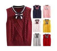 Gilet en tricot avec nœud papillon pour uniforme scolaire, pull à manches cintrées pour enfants, col en V, débardeur tricoté en polaire pour adolescentes, rose, 12-13 ans