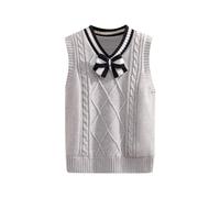 Gilet en tricot pour fille avec nœud papillon et col en V - Débardeur tricoté - Uniforme scolaire - Pull en polaire - Pull en tricot, gris, 3-4 ans