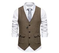 Gilet en tweed à chevrons pour homme - Coupe ajustée - Pour mariage vintage - Col en V - Fermeture à bouton - Poches à rabat - Tissu de qualité - Coutures soignées - Gilet élégant sur mesure pour