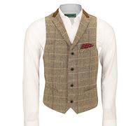 Gilet en tweed pour homme à carreaux et chevrons marron gris sur mesure avec col en velours rétro [poitrine UK 44 EU 54, marron clair ]