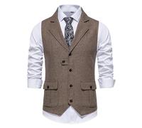 Gilet en tweed pour homme avec revers coupe ajustée, gilet de costume formel avec fermeture à boutons, poches à rabat, couture de qualité supérieure, tenue vintage pour homme, coutures soignées, café