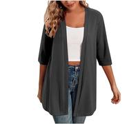 Gilet Femme Cardigan Long Ouvert sur Le Devant Blanc Tee Shirt Femme Manche 3/4 Décontracté Casual Veste Léger Casual Gilets Blouse Couleur Unie Chemise Grande Taille Outwear Ample Mode