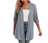 Gilet Femme Cardigan Long Ouvert sur Le Devant Blanc Tee Shirt Femme Manche 3/4 Décontracté Casual Veste Léger Casual Gilets Blouse Couleur Unie Chemise Grande Taille Outwear Ample Mode