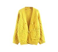 Gilet Femme, Cardigan pour Femme Vintage Jaune Uni Col en V Grille Losange avec Poche Manteau en Tricot Doux Printemps Automne Chaud Veste en Tricot Bouton À Manches Longues Pull Ouvert Sortie Déc
