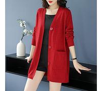 Gilet Femme,Cardigans Longs Tricotés pour Femmes Tempérament Rouge Jacquard Col en V Bouton À Manches Longues Pulls Ouverts sur Le Devant Cardigan Élégant Hiver Lâche Doux Tricot Veste D'Exté