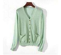 Gilet Femme, Casual V Neck Cardigan Court Léger Cardigan Vert Sauge Fine Soft Long Sleeve Open Front Knit Jumper Coat with Pocket Thin Outerwear for Women,L