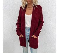 Gilet Femme Chic,Cardigans Tricotés Pour Femmes Mode Bordeaux Rouge Cable Jacquard Pulls Ouverts Sur Le Devant Cardigan Avec Poche Automne Hiver Classique Basique À Manches Longues En Tricot Mante