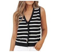 Gilet Femme Court sans Manches Rayures Boutonné Décontracté Cardigan Vestiaire Top Superposé Tenue Printemps Été Style Layering Effet Cropped M20-137