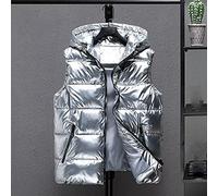 Gilet Femme En Duvet - Hiver Plus La Taille Dames Vers Le Bas Gilet Mode Brillant À Capuche Épais Rétro Veste Courte Imperméable Sans Manches Doudoune Veste Chaud Argent Gilet Sports De Plein A