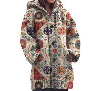 Gilet Femme Long avec Capuche Cardigan Chic et Elegant Veste Chaude Hiver | Pull Maille Tricot Imprimé Jacquard Norvégien Manteau Boutonné Poches Manches Longues Coupe Oversize Mode Automne