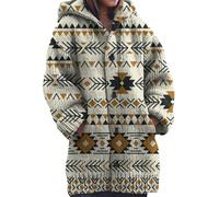 Gilet Femme Long avec Capuche Cardigan Chic et Elegant Veste Chaude Hiver | Pull Maille Tricot Imprimé Jacquard Norvégien Manteau Boutonné Poches Manches Longues Coupe Oversize Mode Automne
